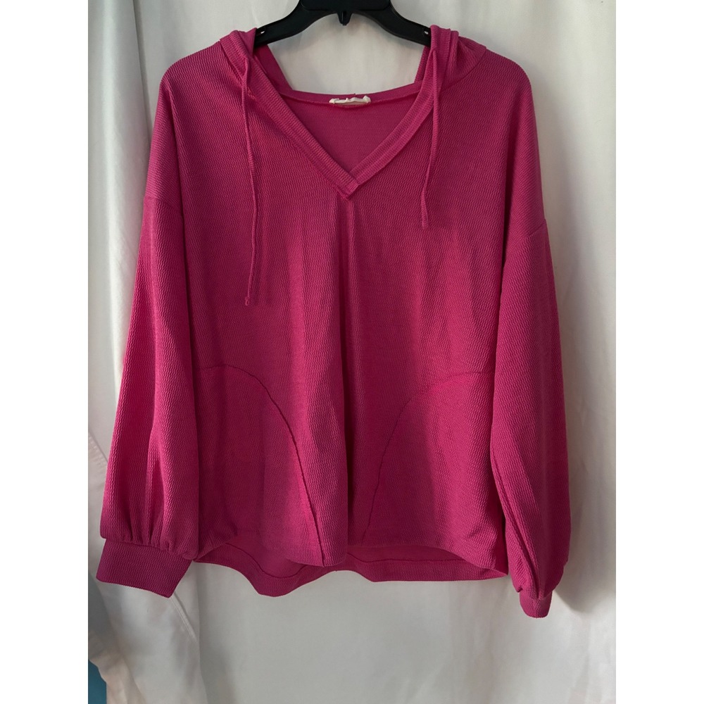 New‎ In Women Magenta Pink Textured V-Neck Pullover Hoodie Top 2X NT11272X